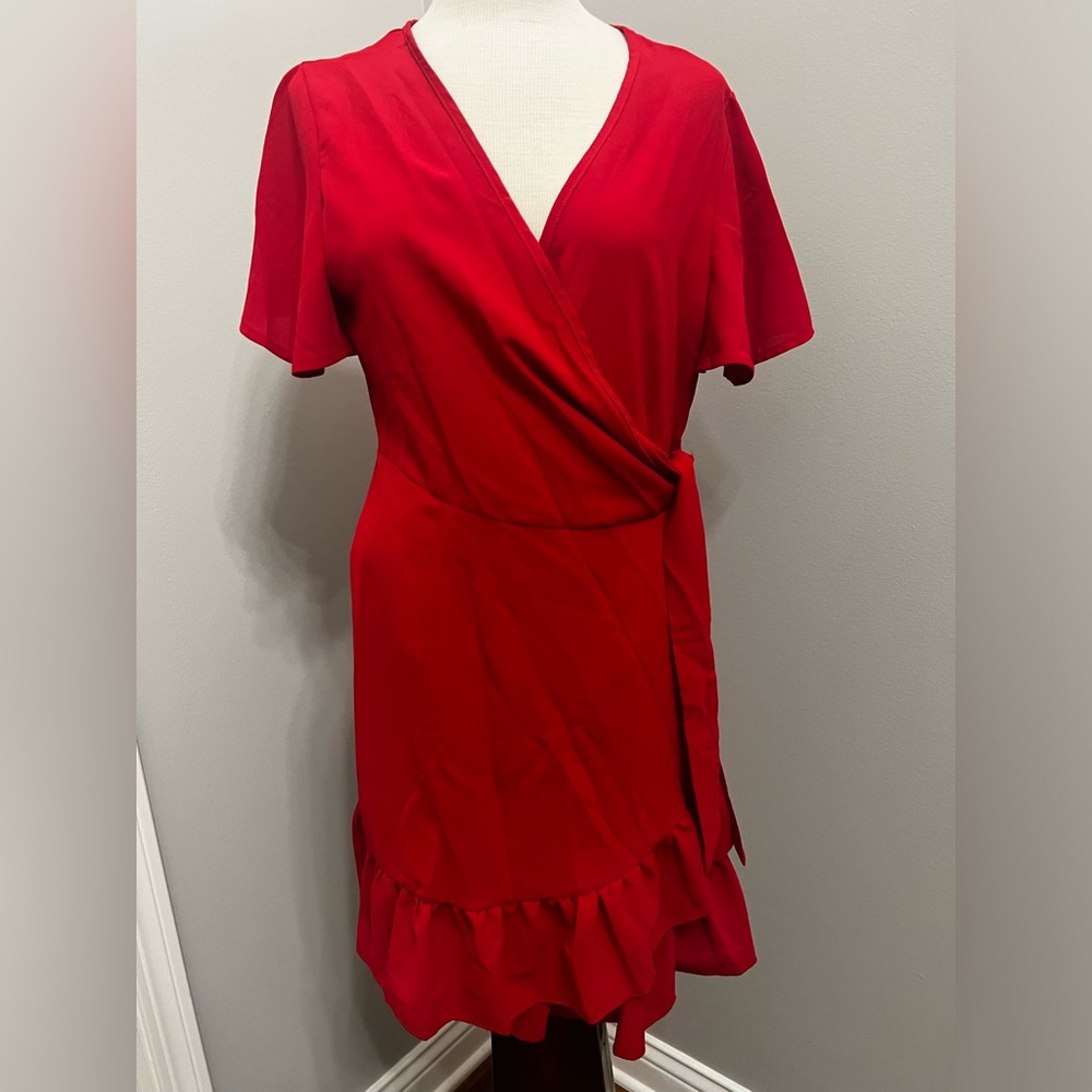 Red wrap around short sleeve above knee ruffled dress